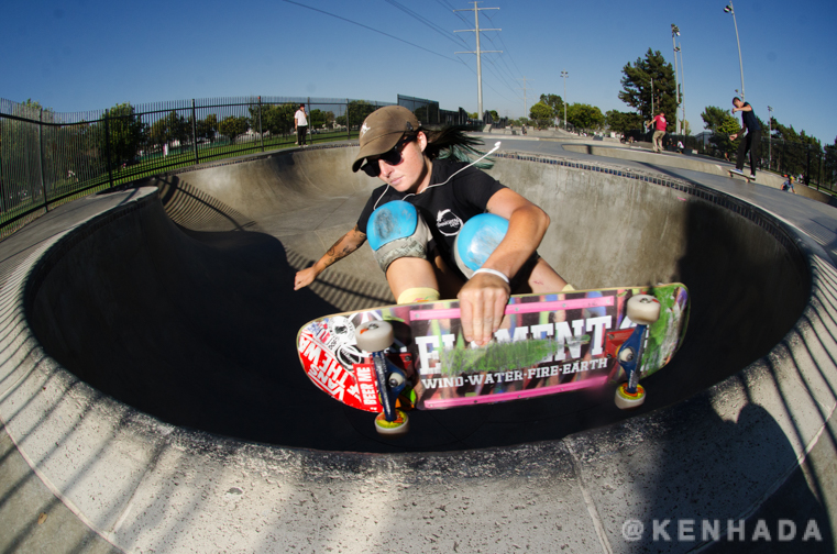 Ken Hada photography, skateboarder Kristy Scott tuck knee clover Chino skateboard park